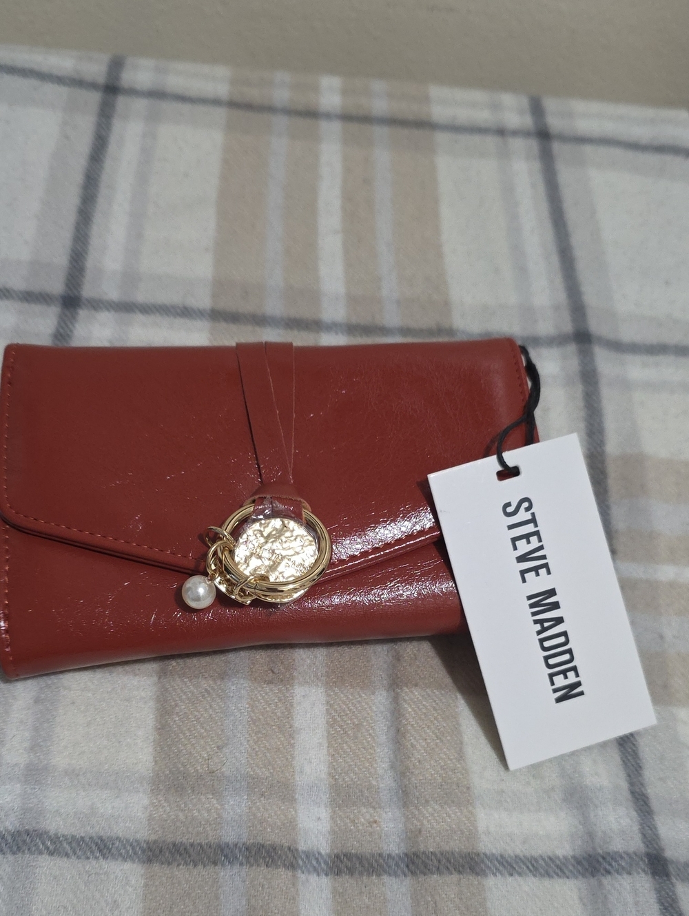 Steve Madden Brick Red Envelope Wristlet with Gold Medallion